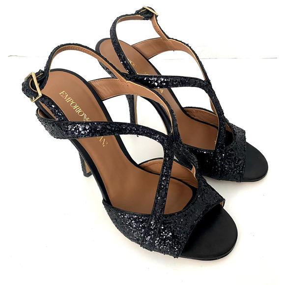 NWOB Emporio Armani Sandal Black Glitter Slim Heel Strappy Open Toe 36.5 6.5 - Picture 2 of 9